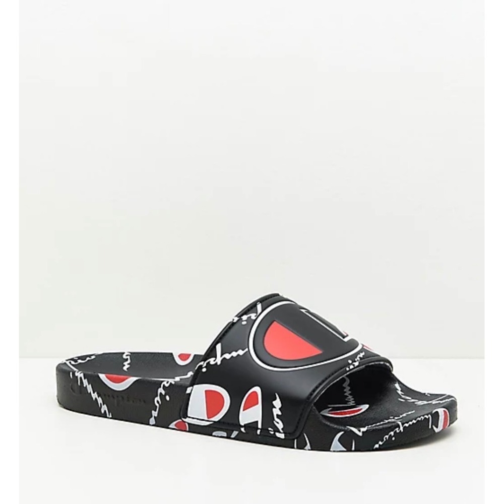 Champion IPO‎ Warped Slides Black Red White Logo Sandals Womens 7.5 Y2K Mens 6Y